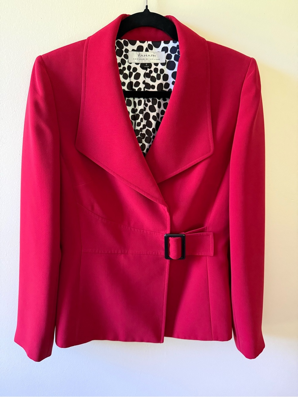 Tahari ASL Red Belted Blazer 6 Wrap Buckle Wide Lapel Animal Print Lining Career - Picture 2 of 4